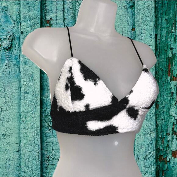 New Small Fuzzy Cow Print Backless Lace Up Crop Top‎ Vegan Furry Y2k Retro - Picture 4 of 5